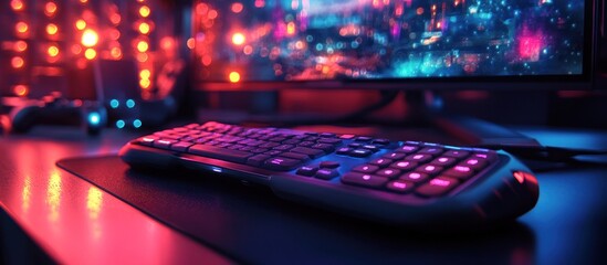Close-up of a black gaming keyboard with RGB lighting on a desk with a computer monitor in the background.
