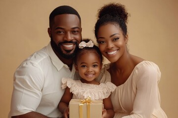 Happy black parents and child daughter using digital tablet browsing internet and watching cartoons online sitting on sofa at home, Generative AI