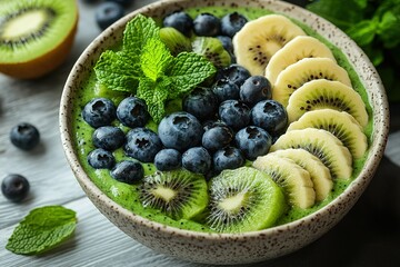 A bowl of green smoothie with blueberries and kiwi