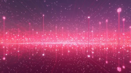 Wall Mural - This artwork presents a dazzling digital landscape illuminated by shimmering pink lights and grid patterns, symbolizing the concepts of connectivity and future tech.