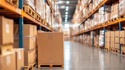 Warehouse interior with stacked cardboard boxes and shelves, organized space.