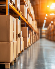 Warehousing with cardboard boxes on pallets and organized shelves, warm lighting.