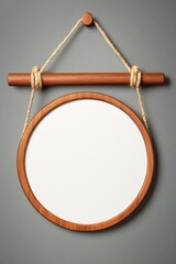 Wall Mural - A minimalistic round wooden mirror with a rope hanger against a gray wall, ideal for home decor and interior styling.