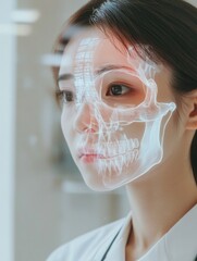 Poster - Futuristic Health Diagnostics Holography with a Female Doctor in a High-Tech Clinic Setting