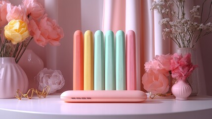 Five colorful tubes on a white table with pink and yellow flowers in pink vases, set against a pink and white background.