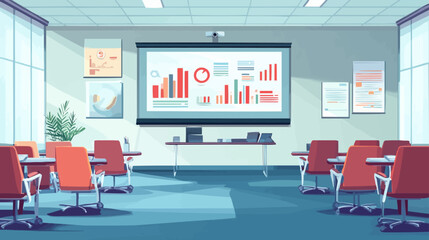 Flat business meeting room with a projector showing business data trends and key statistics. Vector illustration.