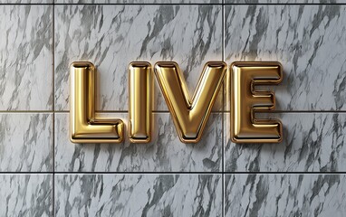 LIVE 3D rendered word with large stylish text in gold embossed sign mounted on glossy marble wall. Banner image can be used for an online website banner ad or special promotions. Generative AI