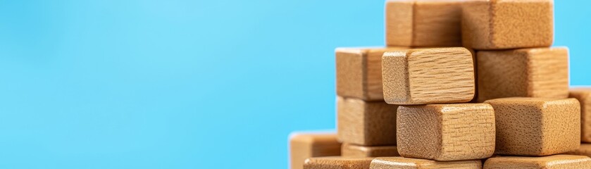 Wall Mural - a stack of wooden blocks against a vibrant blue background, showcasing beautiful textures and a play