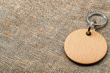 A close-up view of a wooden keychain on a textured fabric background, showcasing natural materials and simple design aesthetics.