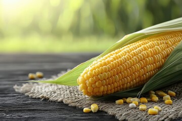 Fresh corn on a wooden surface, natural light highlighting its vibrant yellow kernels and green husk, perfect for agriculture and food photography.