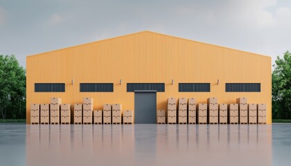 Warehouse exterior with stacked boxes under cloudy sky a modern industrial perspective on storage and logistics