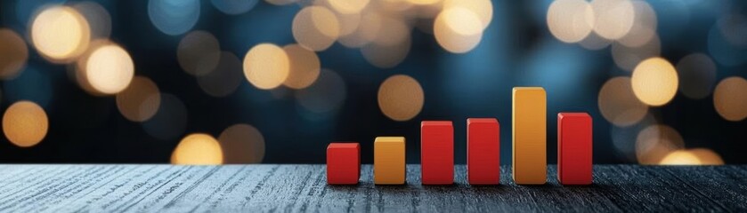 Colorful bar graph on a wooden surface with shimmering golden bokeh in the background, representing growth and data analysis in a modern setting.