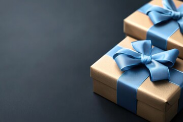 Elegant gift boxes wrapped in gold with blue ribbons, perfect for celebrations, birthdays, or special occasions.