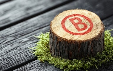 A rustic wooden log with a distinct red letter 'B' symbol on top, surrounded by vibrant green moss, creating a natural and artistic focal point.