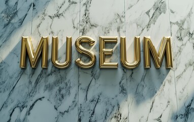 MUSEUM 3D rendered word with large stylish text in gold embossed sign mounted on glossy marble wall. Banner image can be used for an online website banner ad or special promotions. Generative AI