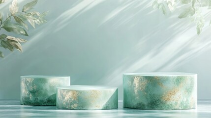 Fototapete - Three circular platforms in varying sizes display a soft green hue, accented with delicate gold specks, set against a light background with gentle shadows from nearby foliage.