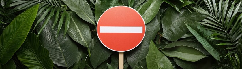 A vibrant red no entry sign stands out against a lush green foliage background, symbolizing restriction and nature.