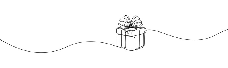 Wall Mural - Single drawing with a continuous line on a white background. Gift box with bow, holiday and Christmas concept