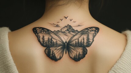 Elegant butterfly-shaped mountain range tattoo on a woman's back, with black ink and fine lines creating a natural landscape of peaks, valleys, and trees, focusing on intricate realism