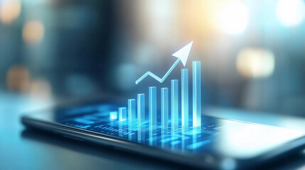 Smartphone Displaying Upward Trend Chart, Symbolizing Growth, Success, and Financial Progress in Digital Business and Technology.