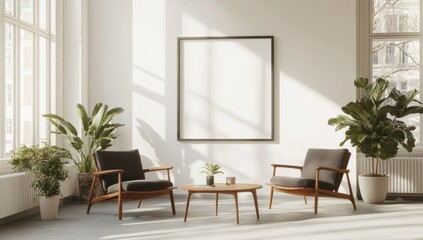 Minimalist Living Room with Empty Frame, Two Chairs, and Plants