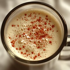 A close-up view of a frothy drink topped with red spice, showcasing a warm, inviting beverage perfect for cozy moments.