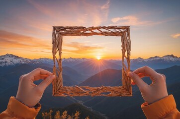 Wall Mural - Wooden frame showcasing panorama of mountain range at sunrise