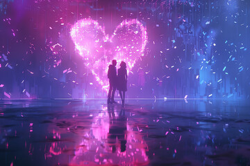 Illuminate a romantic scene of two lovers surrounded by holographic projections, rendered in CG 3D with a dreamlike quality