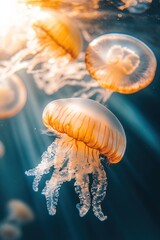 Poster - Beautiful glowing jellyfish in deep sea closeup view. Abstract background.