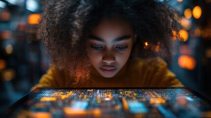 A young woman with curly hair looks intently at a tablet screen filled with glowing code.