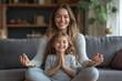 © Digi ART - Cute little girl with young mother sitting in lotus pose on couch at home, mum and daughter practicing yoga and laughing, having fun on weekend, Generative AI