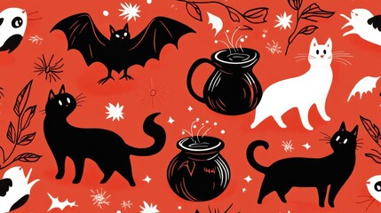 Close-up of a Halloween sticker pack with cute and spooky designs--bats, black cats, and cauldrons--displayed against a festive orange background.