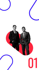 Contemporary art collage. Two businessmen stand confidently, framed by bold red and blue shapes. Minimalistic design. Copy space. Concept of clean, bold corporate visuals.