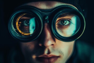 A close-up on a person wearing steampunk goggles showcases an intense gaze, capturing curiosity and exploration themes.