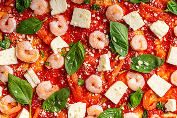 Pizza textured background. Close-up of pizza with tomato sauce, basil, shrimp and cheese, mozzarella and parmesan.