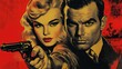 © Ali - Woman with gun, man, red background, vintage art.