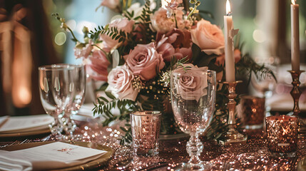 A beautiful table setting with a floral centerpiece, candles, and gold accents. The table is set with gold plates, glasses, and silverware.