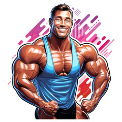 Wall Mural - Sticker illustration of a muscular shirtless male bodybuilder on a transparent background 