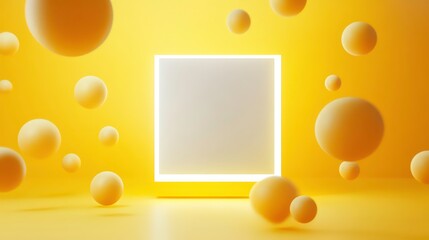 Wall Mural - a white square with a glowing border sits in front of a yellow background with floating yellow orbs.