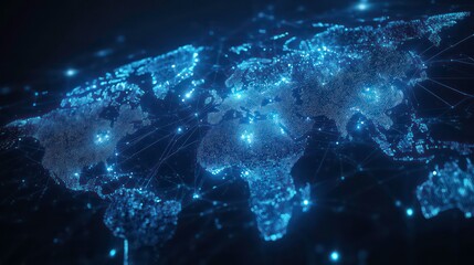 Wall Mural - a glowing blue digital map of the world with interconnected lines representing global networks.