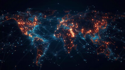 Wall Mural - an abstract world map with glowing points and lines representing global interconnectedness, communic