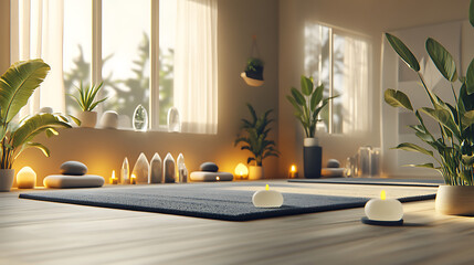 serene yoga studio with calming plants and soft lighting creates peaceful atmosphere