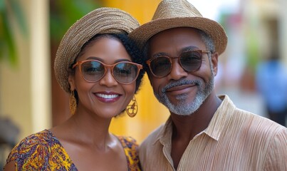 Portrait Mature African American old handsome and beauty couple travel outdoor, Generative AI