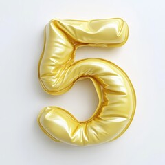 3D number 5 with Inflate, puffy shapes made of yellow soft detailed leather, folds and wrinkles on material realistic modern design, soft lighting, white background 