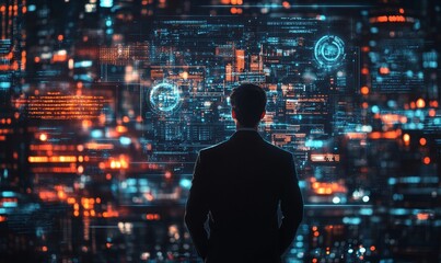 Businessman standing in front of a futuristic interface with holographic data. Technology and business concept, Generative AI