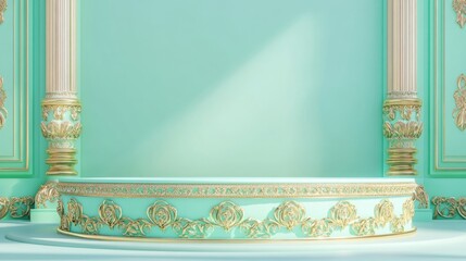 Fototapete - An ornate, circular pedestal with gold trim is set against a light blue background. Two gold columns with intricate details flank the pedestal.
