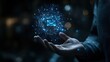 © Johannes - Businessman holding virtual email icon with hologram interface and data flow in hand on dark background, digital technology concept for online e mailbox mail social media internet marketing.