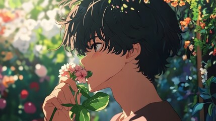 Handsome anime boy kissing flowers in flower garden background