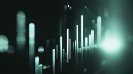 Wall Mural - abstract green and white digital lines and bars on a black background, glowing with light.