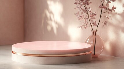 Poster - A minimalist setup showcases a round pink pedestal beside a clear vase containing delicate flowers. Soft sunlight casts gentle shadows on the surface, enhancing the serene atmosphere.